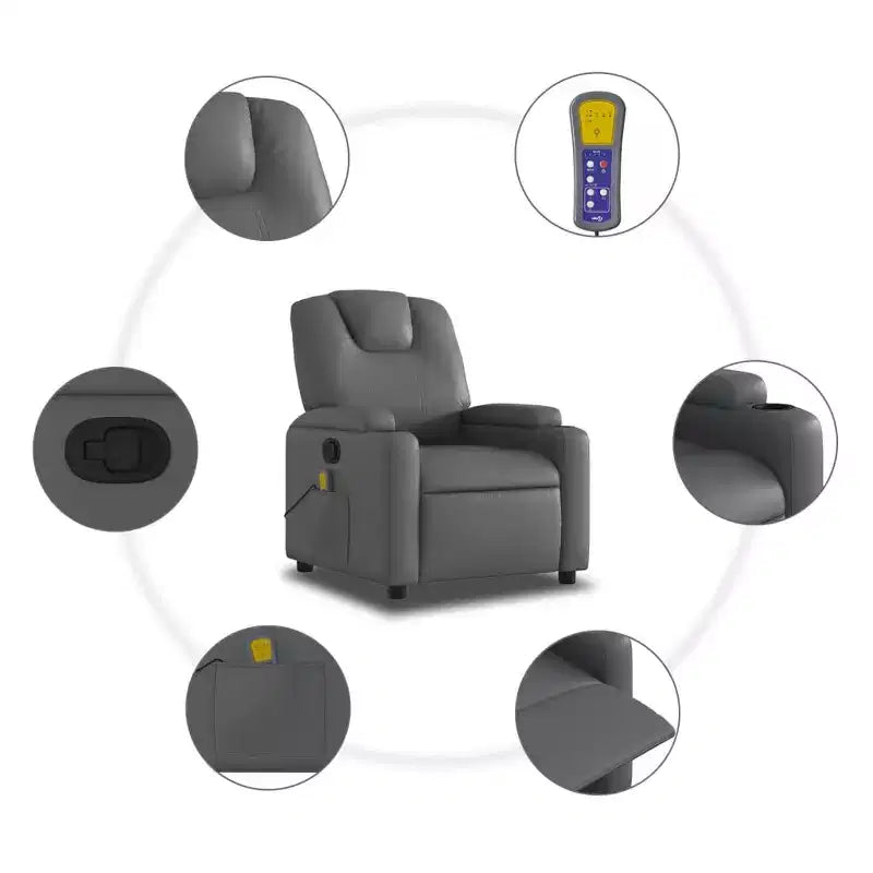vidaXL Grey Massage Recliner Chair Faux Leather, Metal, Plywood Single