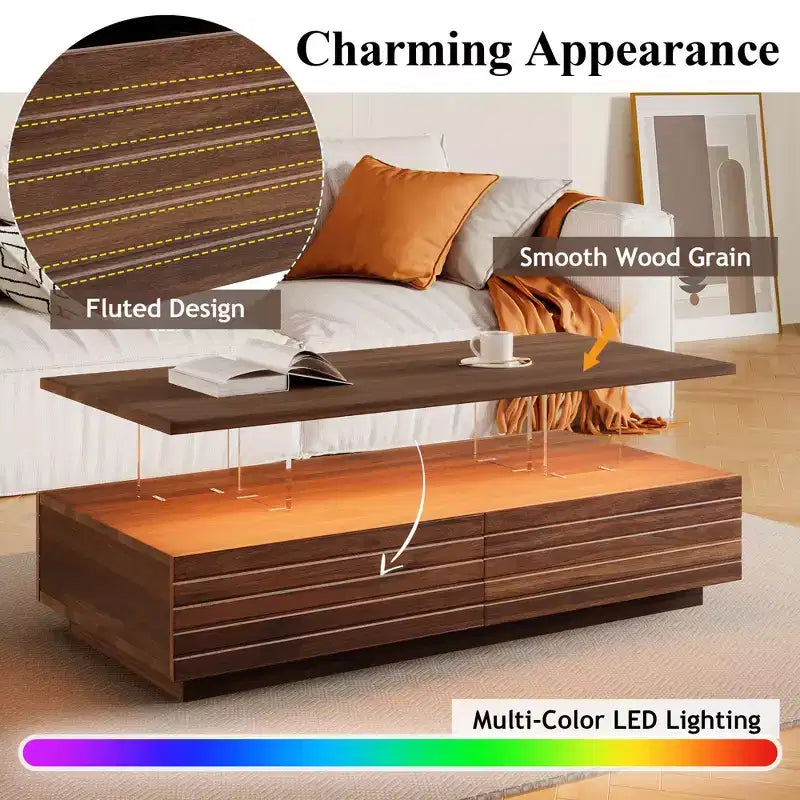 47.2 Modern LED Coffee Table, Smart Dimming Rectangular Center Table with 2 Hidden Drawers & Touch Control for Living Room/Home Theater
