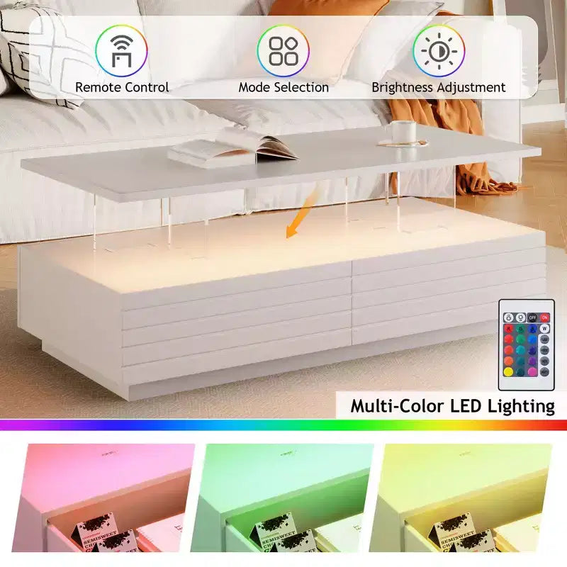 47.2 Modern LED Coffee Table, Smart Dimming Rectangular Center Table with 2 Hidden Drawers & Touch Control for Living Room/Home Theater