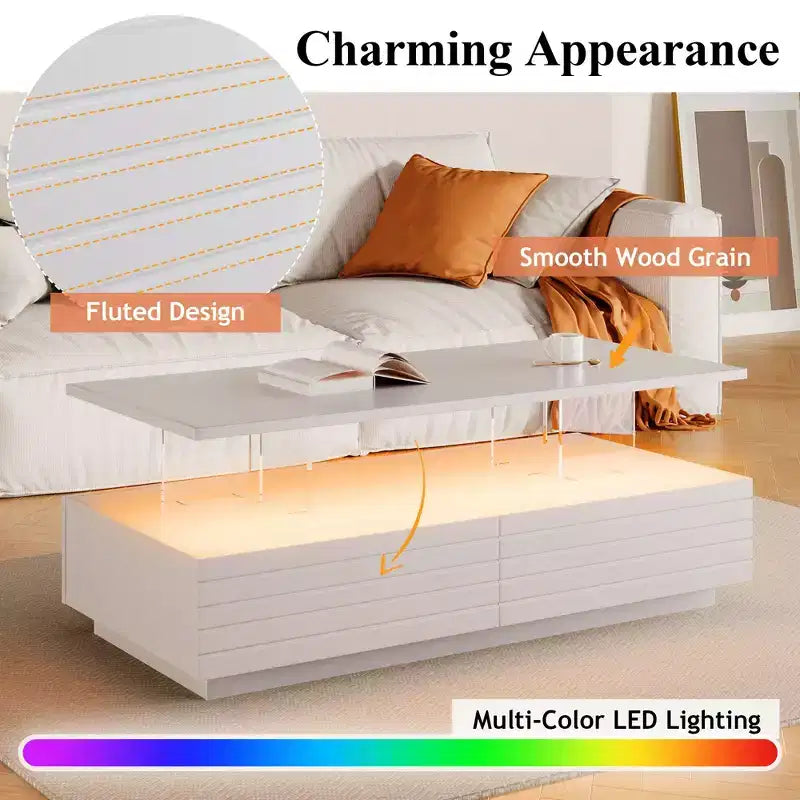 47.2 Modern LED Coffee Table, Smart Dimming Rectangular Center Table with 2 Hidden Drawers & Touch Control for Living Room/Home Theater