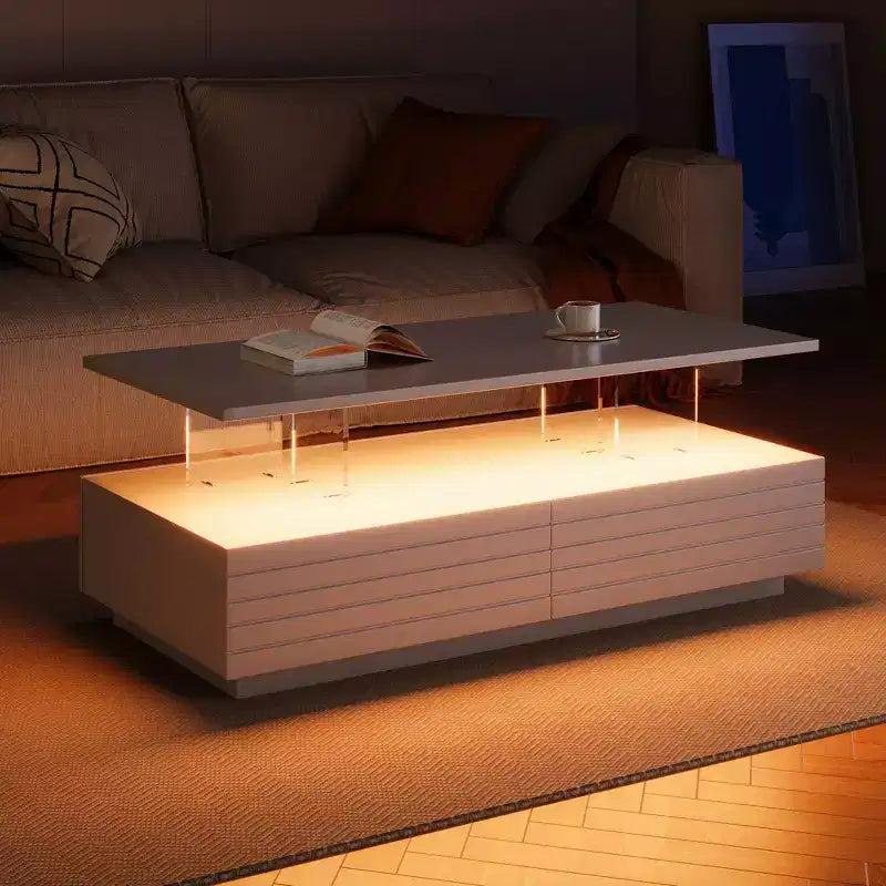 47.2 Modern LED Coffee Table, Smart Dimming Rectangular Center Table with 2 Hidden Drawers & Touch Control for Living Room/Home Theater
