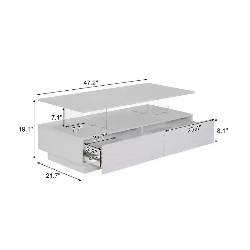 47.2 Modern LED Coffee Table, Smart Dimming Rectangular Center Table with 2 Hidden Drawers & Touch Control for Living Room/Home Theater