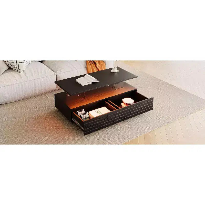 47.2 Modern LED Coffee Table, Smart Dimming Rectangular Center Table with 2 Hidden Drawers & Touch Control for Living Room/Home Theater
