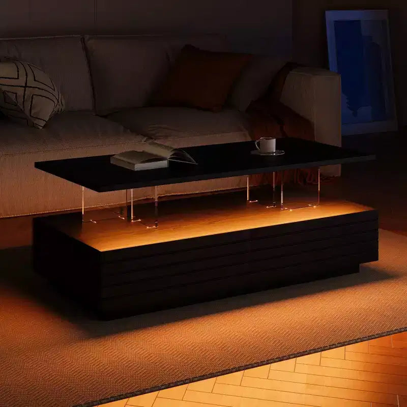 47.2 Modern LED Coffee Table, Smart Dimming Rectangular Center Table with 2 Hidden Drawers & Touch Control for Living Room/Home Theater