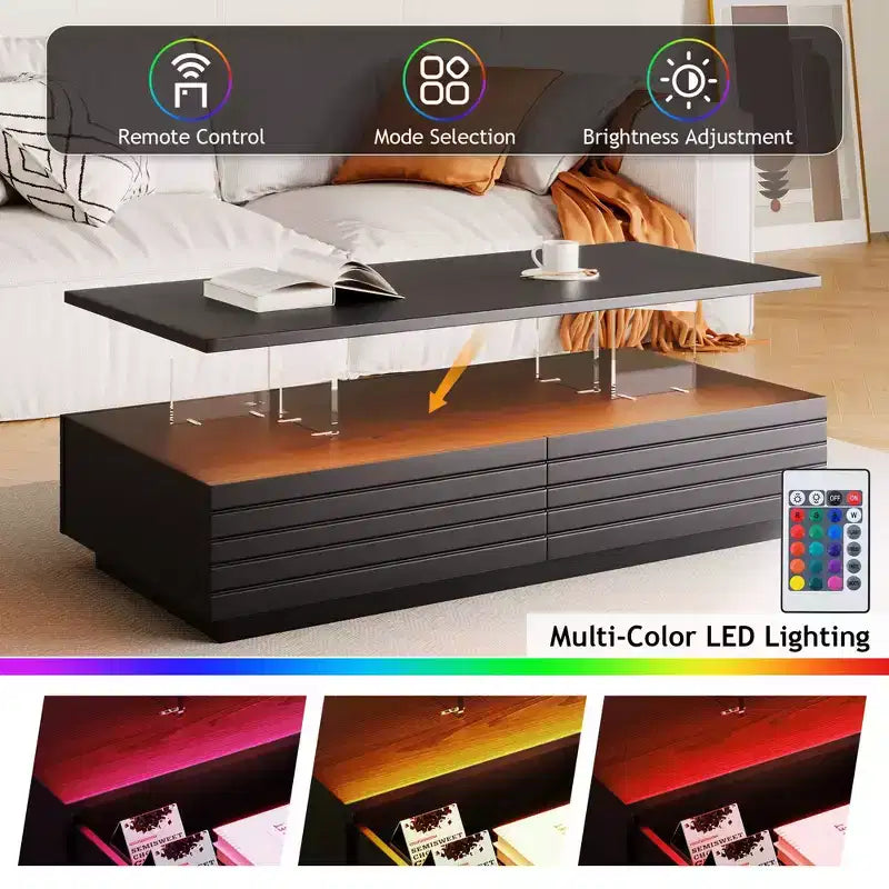 47.2 Modern LED Coffee Table, Smart Dimming Rectangular Center Table with 2 Hidden Drawers & Touch Control for Living Room/Home Theater