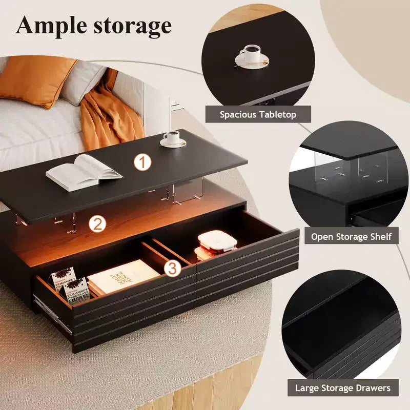 47.2 Modern LED Coffee Table, Smart Dimming Rectangular Center Table with 2 Hidden Drawers & Touch Control for Living Room/Home Theater