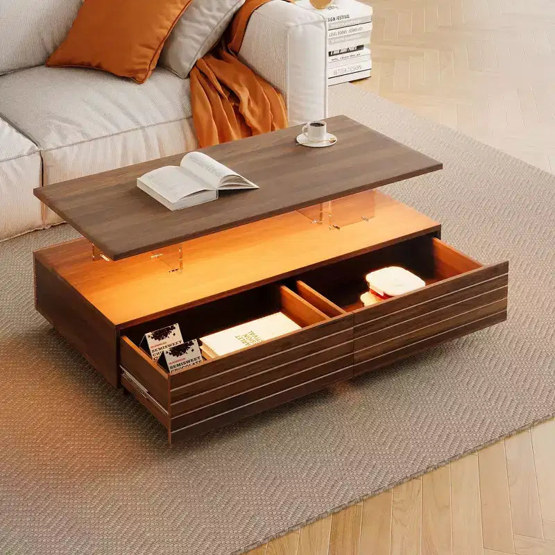 47.2 Modern LED Coffee Table, Smart Dimming Rectangular Center Table with 2 Hidden Drawers & Touch Control for Living Room/Home Theater