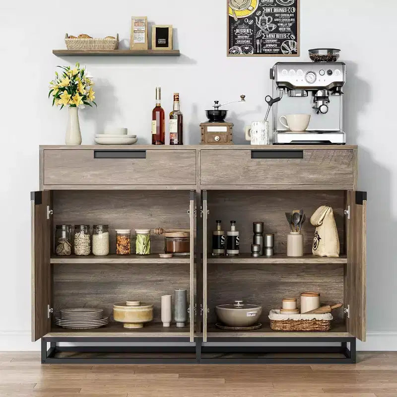 Sideboard Buffet Cabinet, 55 Kitchen Accent Modern Storage Cabinet with 2 Drawers and 4 Doors, Coffee Bar Buffet Table for Kitchen, Dining Room