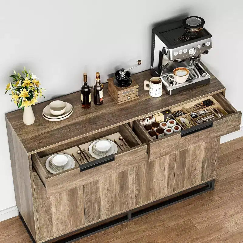 Sideboard Buffet Cabinet, 55 Kitchen Accent Modern Storage Cabinet with 2 Drawers and 4 Doors, Coffee Bar Buffet Table for Kitchen, Dining Room