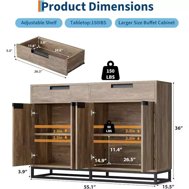 Sideboard Buffet Cabinet, 55 Kitchen Accent Modern Storage Cabinet with 2 Drawers and 4 Doors, Coffee Bar Buffet Table for Kitchen, Dining Room