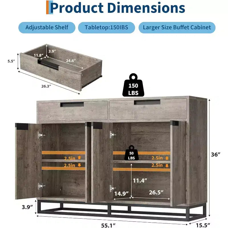 Sideboard Buffet Cabinet, 55 Kitchen Accent Modern Storage Cabinet with 2 Drawers and 4 Doors, Coffee Bar Buffet Table for Kitchen, Dining Room