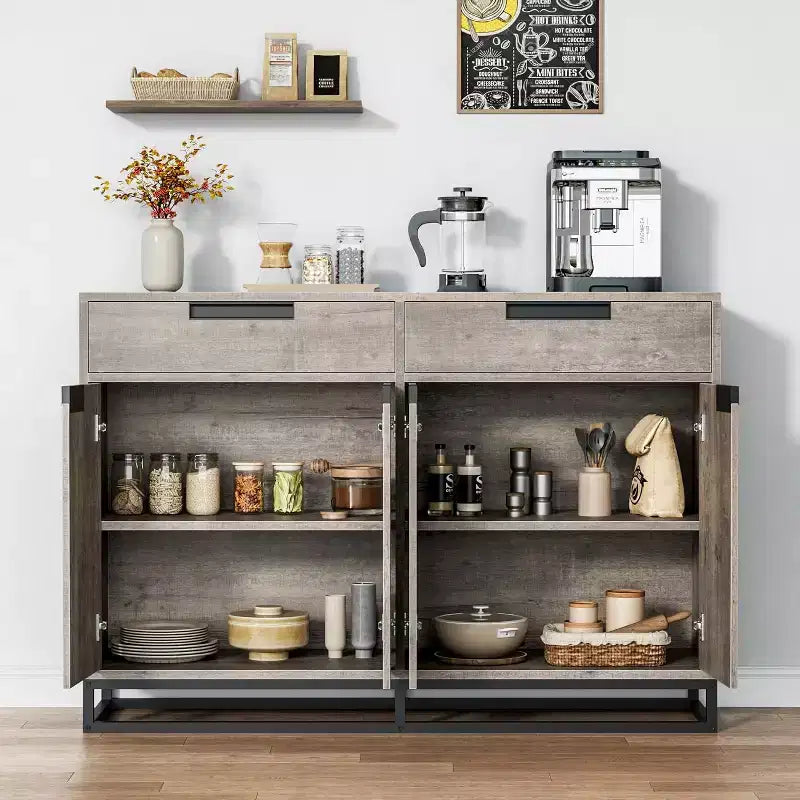 Sideboard Buffet Cabinet, 55 Kitchen Accent Modern Storage Cabinet with 2 Drawers and 4 Doors, Coffee Bar Buffet Table for Kitchen, Dining Room