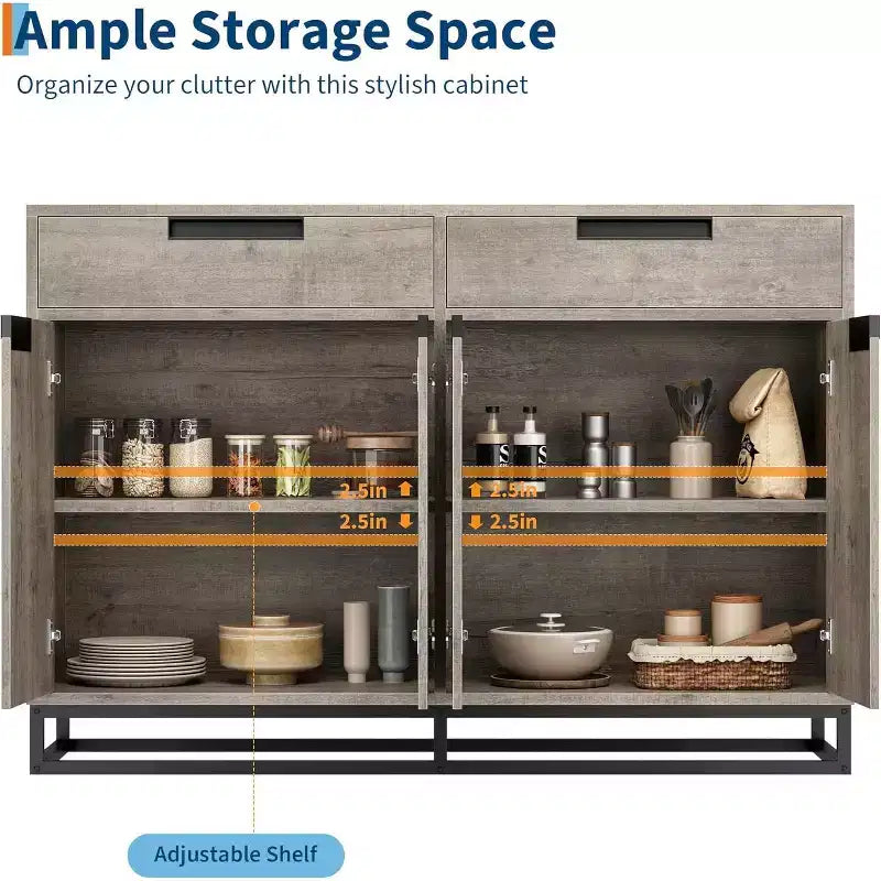 Sideboard Buffet Cabinet, 55 Kitchen Accent Modern Storage Cabinet with 2 Drawers and 4 Doors, Coffee Bar Buffet Table for Kitchen, Dining Room