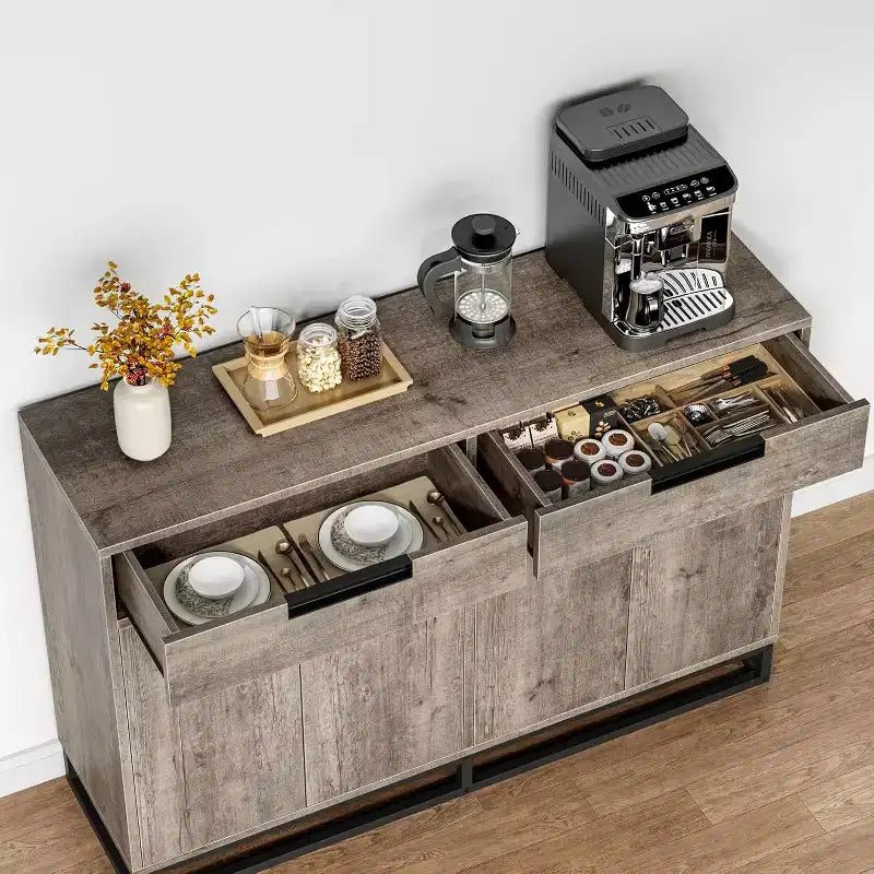 Sideboard Buffet Cabinet, 55 Kitchen Accent Modern Storage Cabinet with 2 Drawers and 4 Doors, Coffee Bar Buffet Table for Kitchen, Dining Room