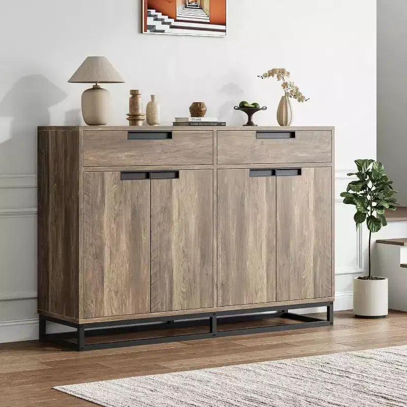 Sideboard Buffet Cabinet, 55 Kitchen Accent Modern Storage Cabinet with 2 Drawers and 4 Doors, Coffee Bar Buffet Table for Kitchen, Dining Room