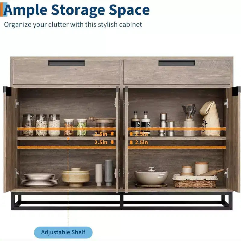 Sideboard Buffet Cabinet, 55 Kitchen Accent Modern Storage Cabinet with 2 Drawers and 4 Doors, Coffee Bar Buffet Table for Kitchen, Dining Room