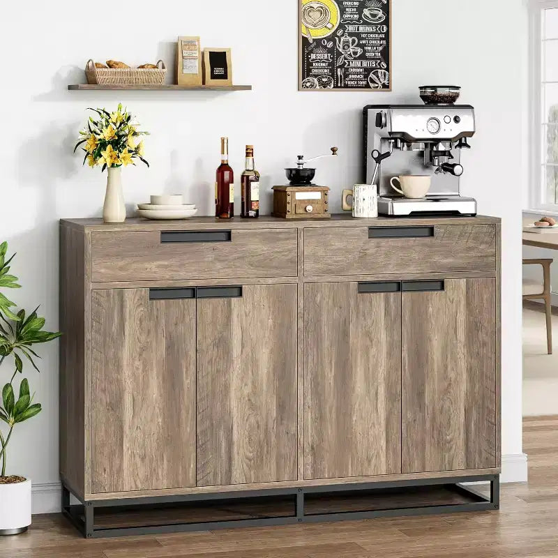 Sideboard Buffet Cabinet, 55 Kitchen Accent Modern Storage Cabinet with 2 Drawers and 4 Doors, Coffee Bar Buffet Table for Kitchen, Dining Room
