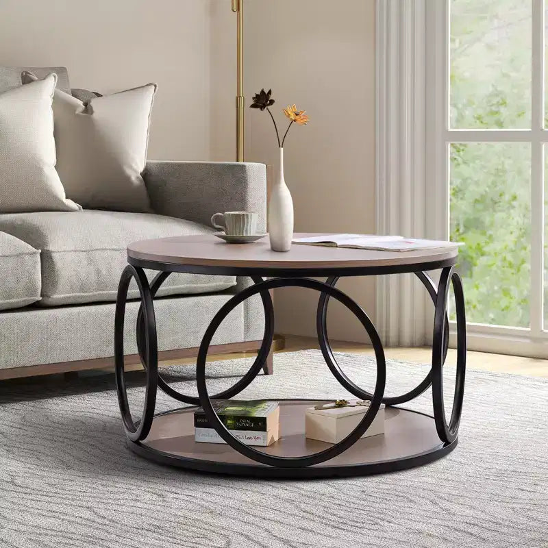 Bekrvio 31.5 2 Tier Industrial Round Coffee Table, Modern Round Wood Coffee Table with Sturdy Circle Metal Frame for Living Room, Walnut