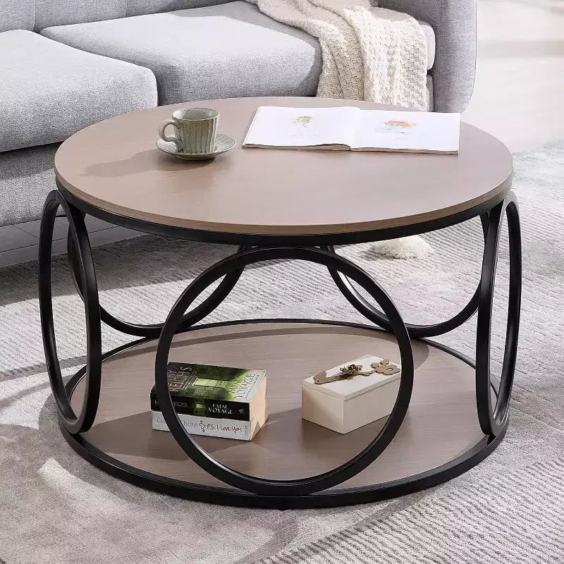 Bekrvio 31.5 2 Tier Industrial Round Coffee Table, Modern Round Wood Coffee Table with Sturdy Circle Metal Frame for Living Room, Walnut