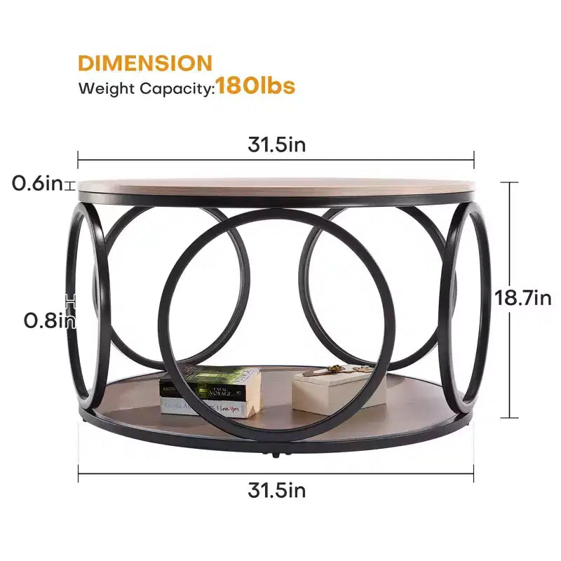Bekrvio 31.5 2 Tier Industrial Round Coffee Table, Modern Round Wood Coffee Table with Sturdy Circle Metal Frame for Living Room, Walnut