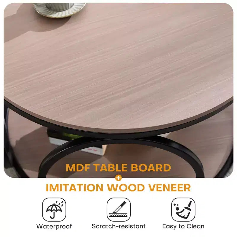 Bekrvio 31.5 2 Tier Industrial Round Coffee Table, Modern Round Wood Coffee Table with Sturdy Circle Metal Frame for Living Room, Walnut