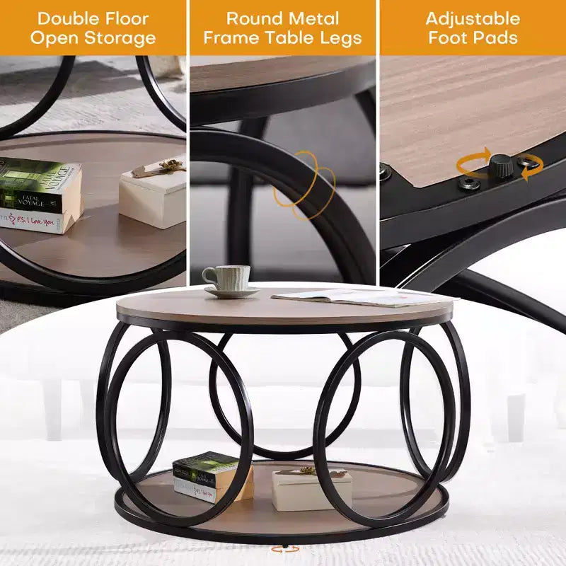 Bekrvio 31.5 2 Tier Industrial Round Coffee Table, Modern Round Wood Coffee Table with Sturdy Circle Metal Frame for Living Room, Walnut