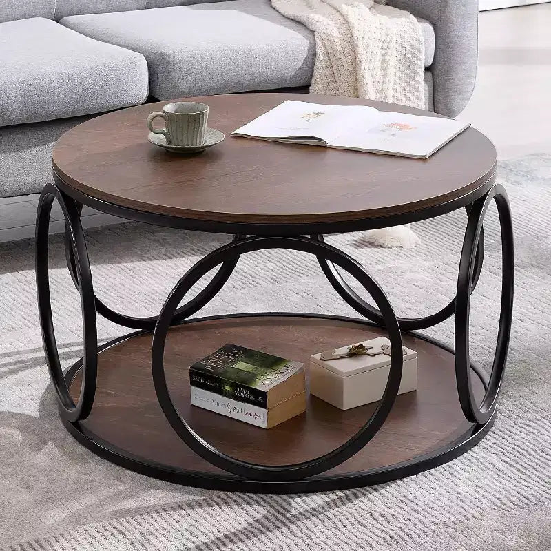 Bekrvio 31.5 2 Tier Industrial Round Coffee Table, Modern Round Wood Coffee Table with Sturdy Circle Metal Frame for Living Room, Walnut