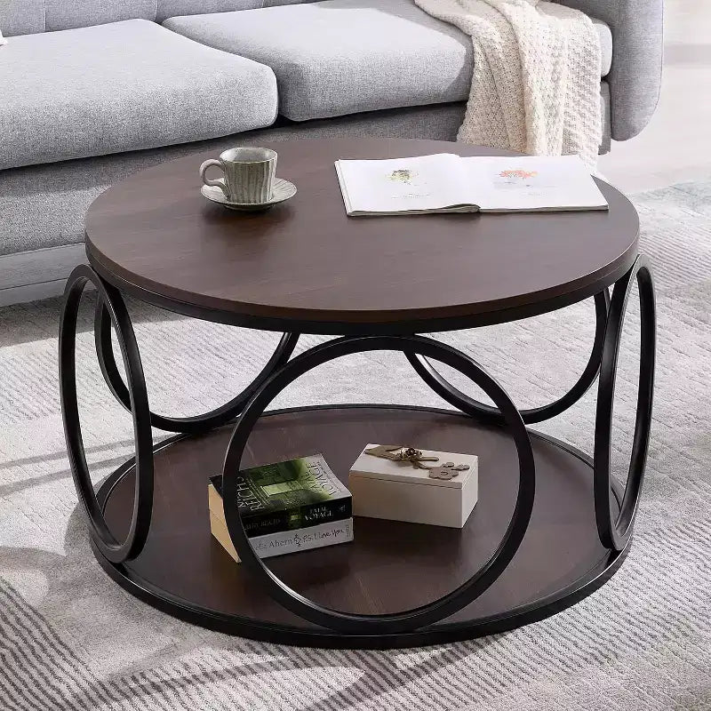 Bekrvio 31.5 2 Tier Industrial Round Coffee Table, Modern Round Wood Coffee Table with Sturdy Circle Metal Frame for Living Room, Walnut