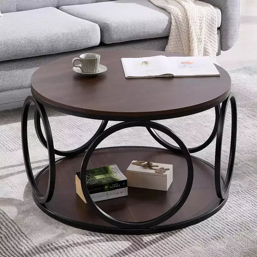 Table basse ronde industrielle à 2 niveaux de 31,5 pouces, table basse ronde moderne en bois avec cadre métallique circulaire robuste pour salon, noyer