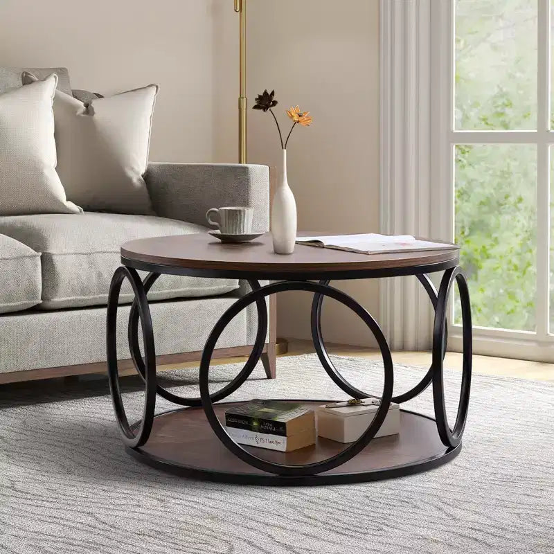 Bekrvio 31.5 2 Tier Industrial Round Coffee Table, Modern Round Wood Coffee Table with Sturdy Circle Metal Frame for Living Room, Walnut