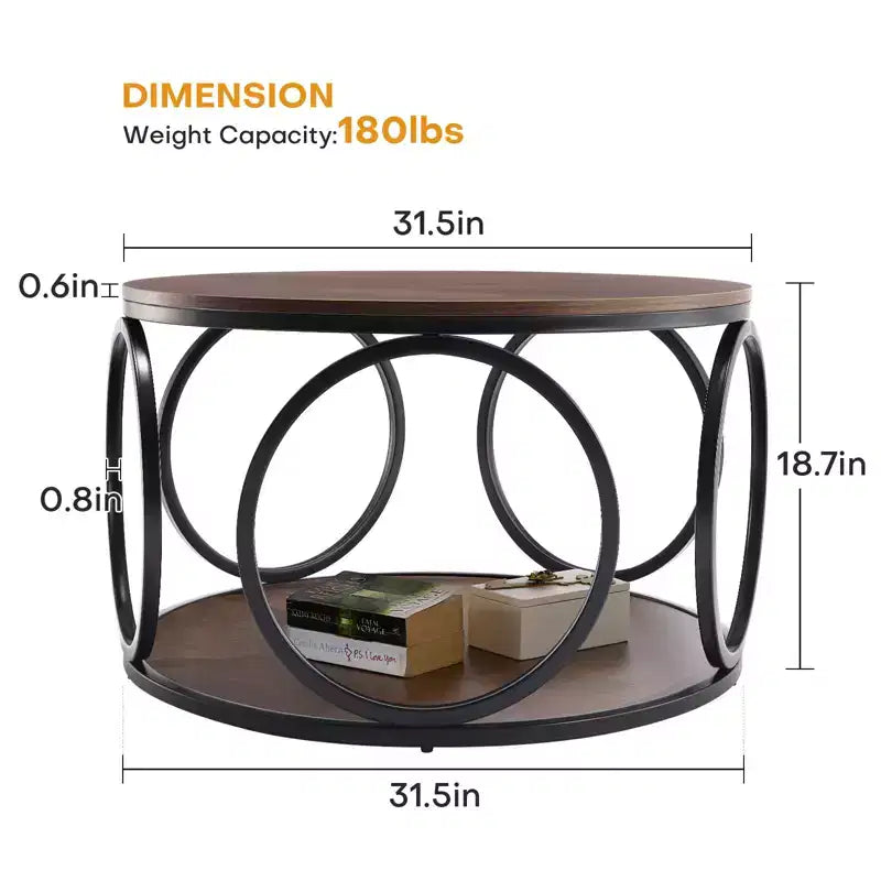 Bekrvio 31.5 2 Tier Industrial Round Coffee Table, Modern Round Wood Coffee Table with Sturdy Circle Metal Frame for Living Room, Walnut