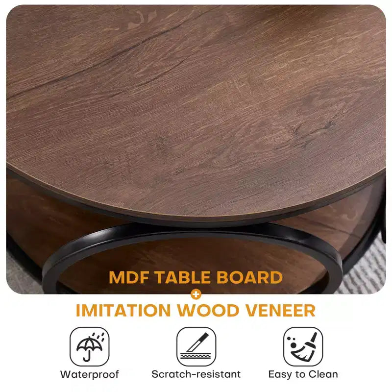 Bekrvio 31.5 2 Tier Industrial Round Coffee Table, Modern Round Wood Coffee Table with Sturdy Circle Metal Frame for Living Room, Walnut