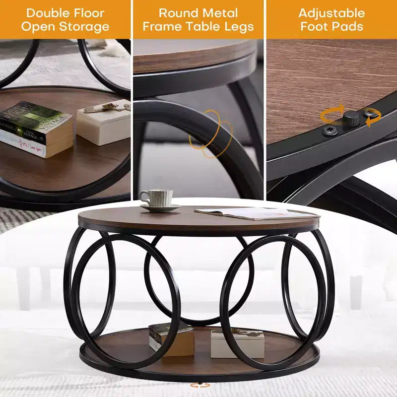 Bekrvio 31.5 2 Tier Industrial Round Coffee Table, Modern Round Wood Coffee Table with Sturdy Circle Metal Frame for Living Room, Walnut