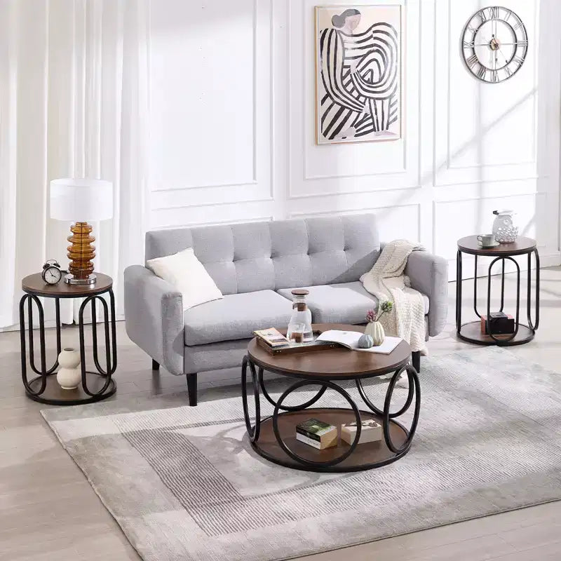 Bekrvio 31.5 2 Tier Industrial Round Coffee Table, Modern Round Wood Coffee Table with Sturdy Circle Metal Frame for Living Room, Walnut