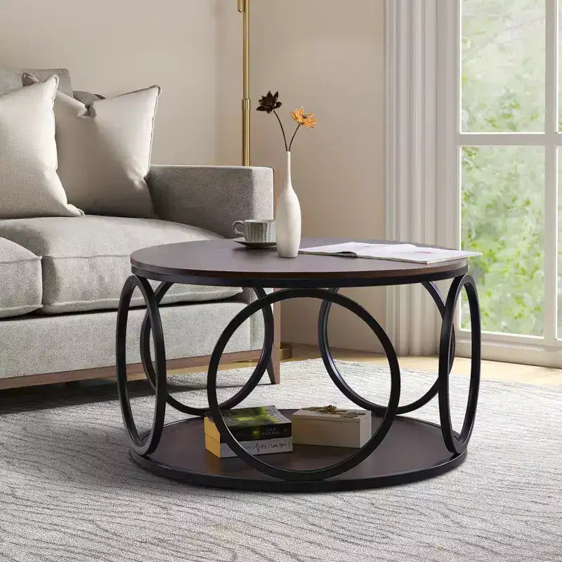 Bekrvio 31.5 2 Tier Industrial Round Coffee Table, Modern Round Wood Coffee Table with Sturdy Circle Metal Frame for Living Room, Walnut