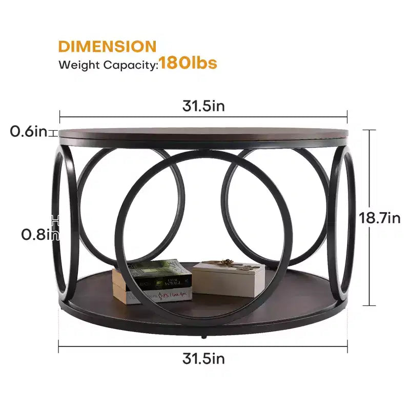 Bekrvio 31.5 2 Tier Industrial Round Coffee Table, Modern Round Wood Coffee Table with Sturdy Circle Metal Frame for Living Room, Walnut