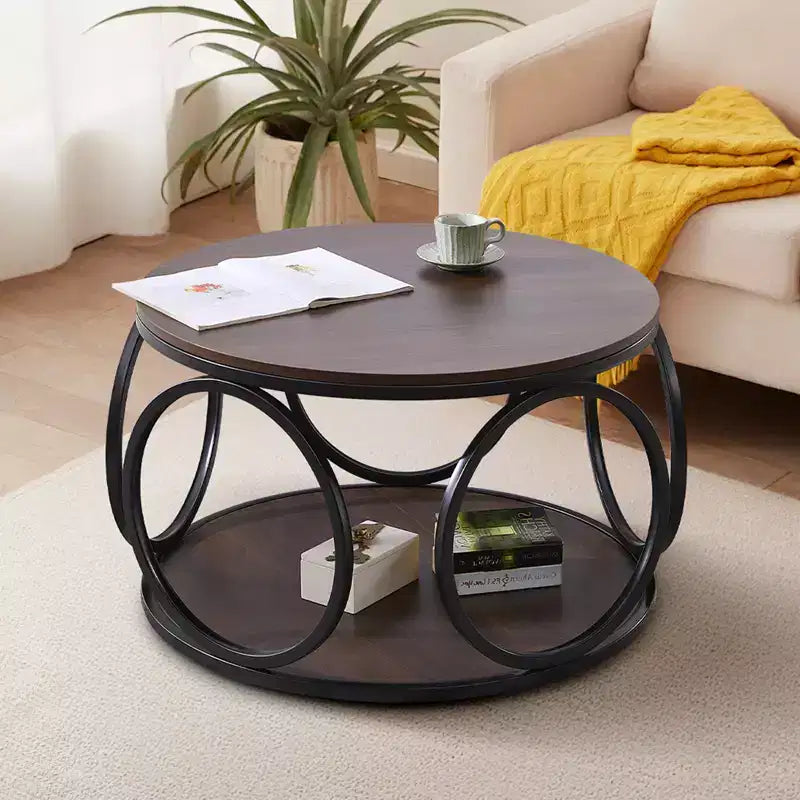 Bekrvio 31.5 2 Tier Industrial Round Coffee Table, Modern Round Wood Coffee Table with Sturdy Circle Metal Frame for Living Room, Walnut