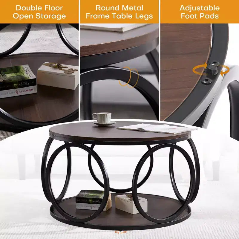 Bekrvio 31.5 2 Tier Industrial Round Coffee Table, Modern Round Wood Coffee Table with Sturdy Circle Metal Frame for Living Room, Walnut