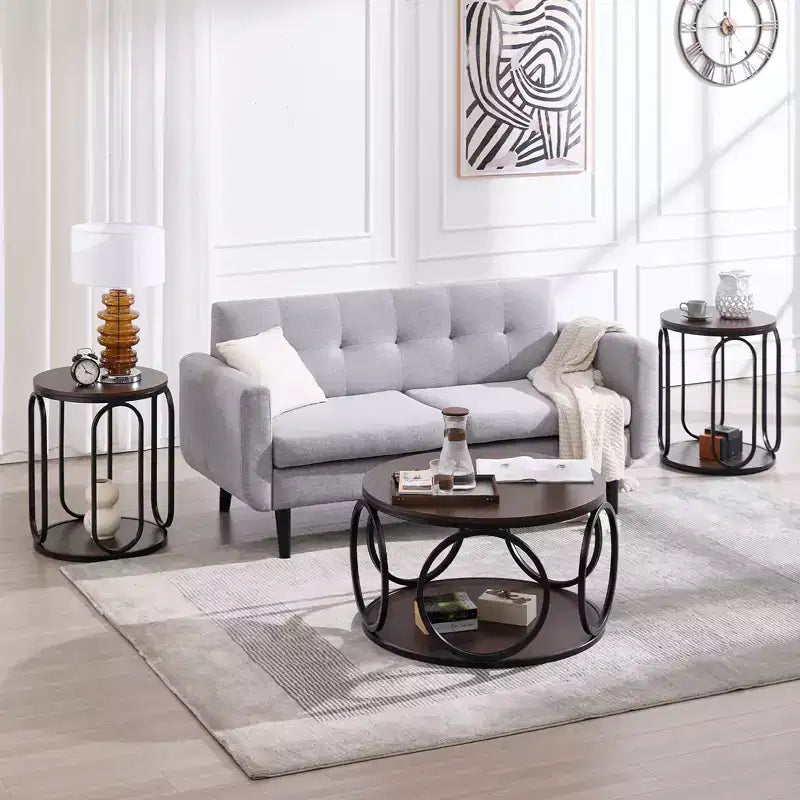 Bekrvio 31.5 2 Tier Industrial Round Coffee Table, Modern Round Wood Coffee Table with Sturdy Circle Metal Frame for Living Room, Walnut