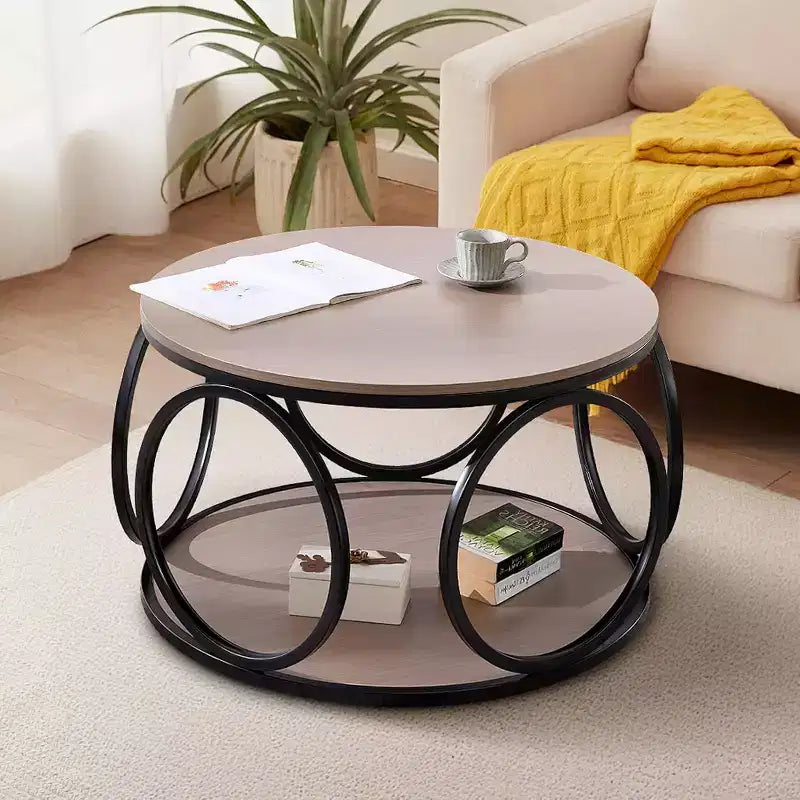 Bekrvio 31.5 2 Tier Industrial Round Coffee Table, Modern Round Wood Coffee Table with Sturdy Circle Metal Frame for Living Room, Walnut