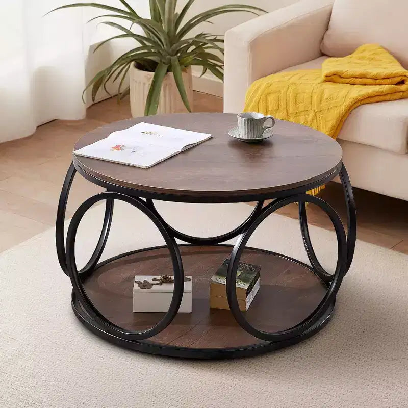 Bekrvio 31.5 2 Tier Industrial Round Coffee Table, Modern Round Wood Coffee Table with Sturdy Circle Metal Frame for Living Room, Walnut