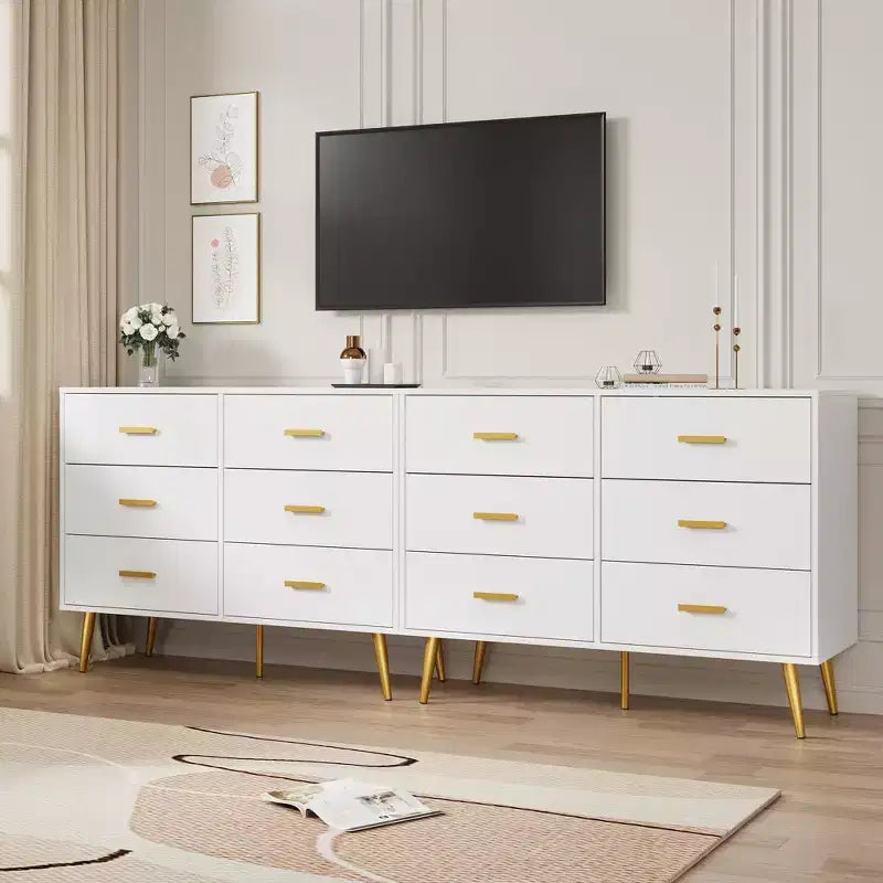 6 Drawer Dresser, Modern Wooden Dresser with Gold Handles and Storage Space, Chest of Drawers for Bedroom, Hallway, Living Room and Entryway