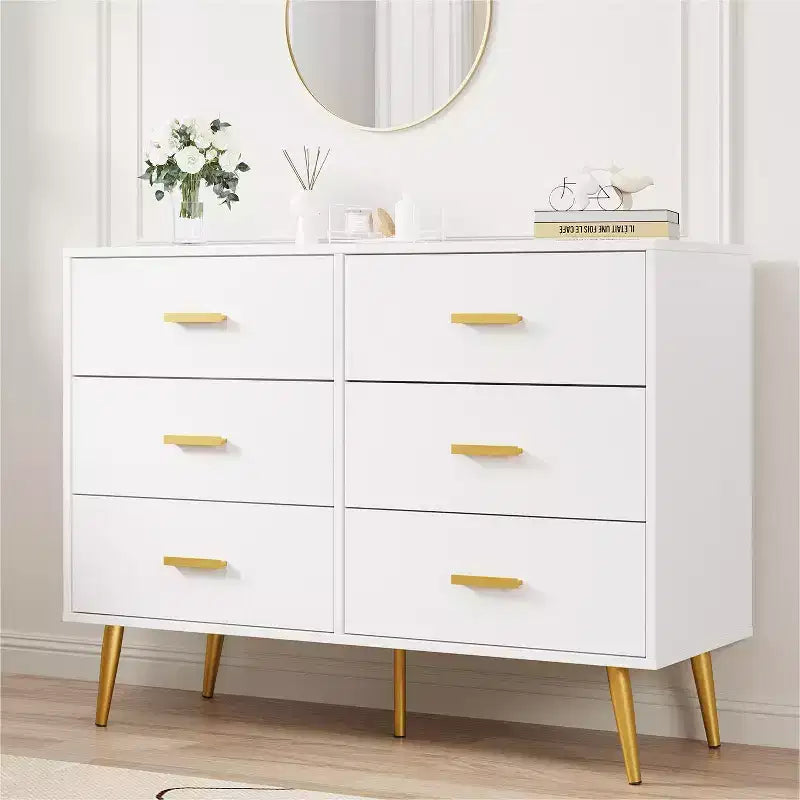 6 Drawer Dresser, Modern Wooden Dresser with Gold Handles and Storage Space, Chest of Drawers for Bedroom, Hallway, Living Room and Entryway
