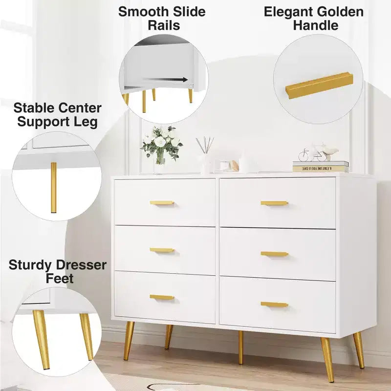 6 Drawer Dresser, Modern Wooden Dresser with Gold Handles and Storage Space, Chest of Drawers for Bedroom, Hallway, Living Room and Entryway
