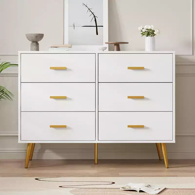 6 Drawer Dresser, Modern Wooden Dresser with Gold Handles and Storage Space, Chest of Drawers for Bedroom, Hallway, Living Room and Entryway