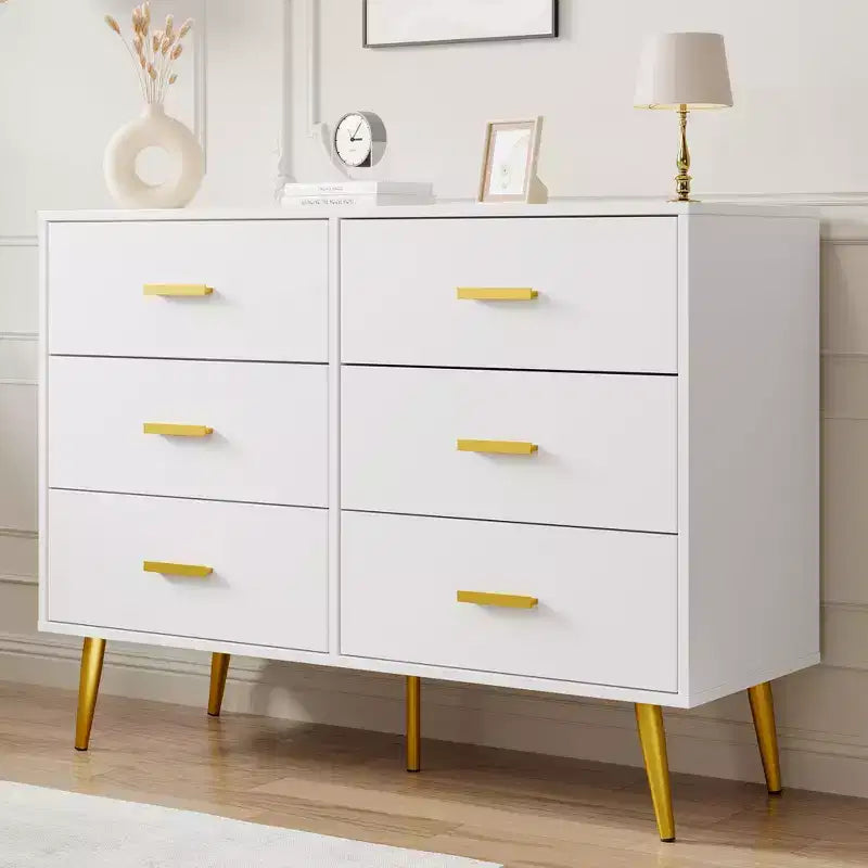 6 Drawer Dresser, Modern Wooden Dresser with Gold Handles and Storage Space, Chest of Drawers for Bedroom, Hallway, Living Room and Entryway