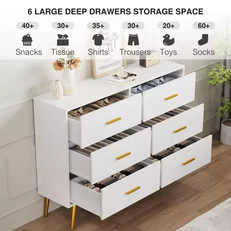 6 Drawer Dresser, Modern Wooden Dresser with Gold Handles and Storage Space, Chest of Drawers for Bedroom, Hallway, Living Room and Entryway