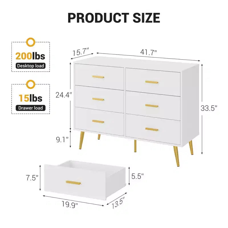 6 Drawer Dresser, Modern Wooden Dresser with Gold Handles and Storage Space, Chest of Drawers for Bedroom, Hallway, Living Room and Entryway