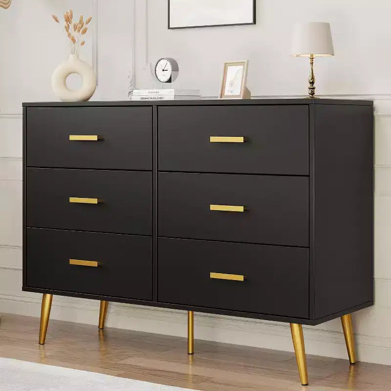 6 Drawer Dresser, Modern Wooden Dresser with Gold Handles and Storage Space, Chest of Drawers for Bedroom, Hallway, Living Room and Entryway