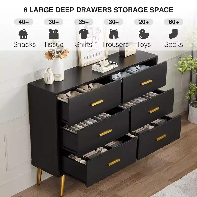 6 Drawer Dresser, Modern Wooden Dresser with Gold Handles and Storage Space, Chest of Drawers for Bedroom, Hallway, Living Room and Entryway